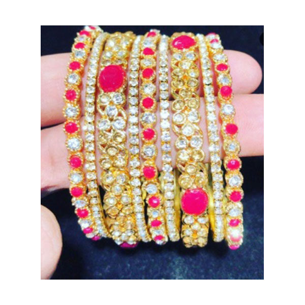 Pink with Combo of Gold and White Stone Bangles